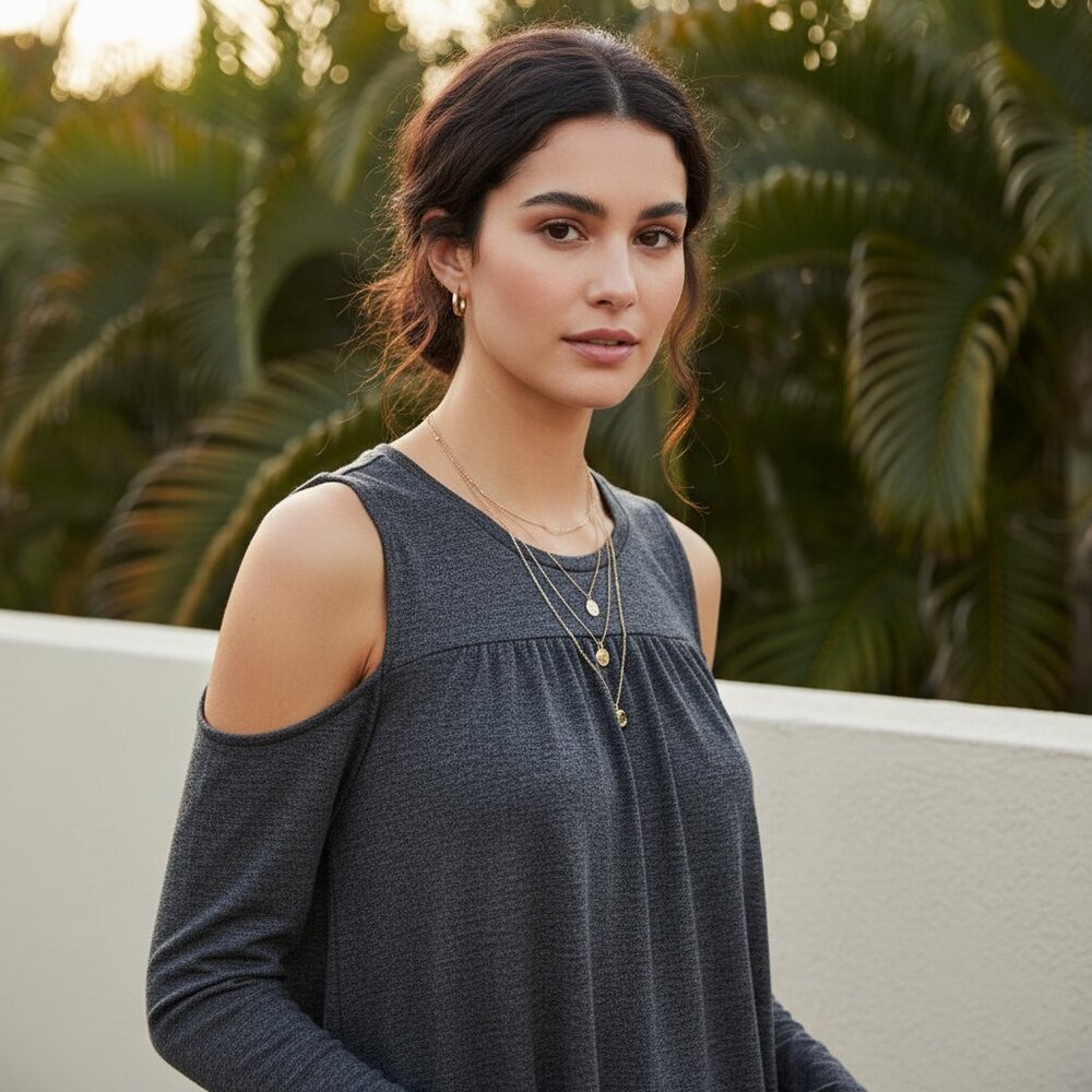 Loft S Gray Shimmer Cold‎ Shoulder Knit Top Tee Boho Moody Edgy Casual Cottage